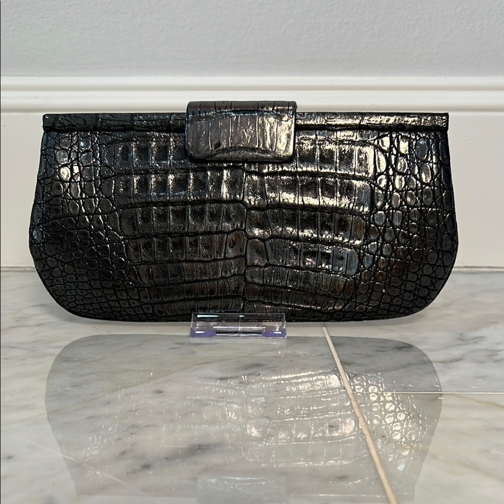 Nancy Gonzalez Metallic Dark Gunmetal Crocodile Clutch